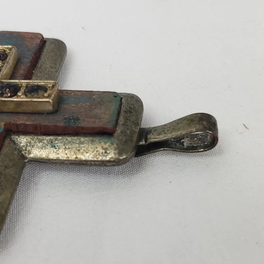 Metal & Wooden Rhinestone Large Cross Pendant - Picture 5 of 8